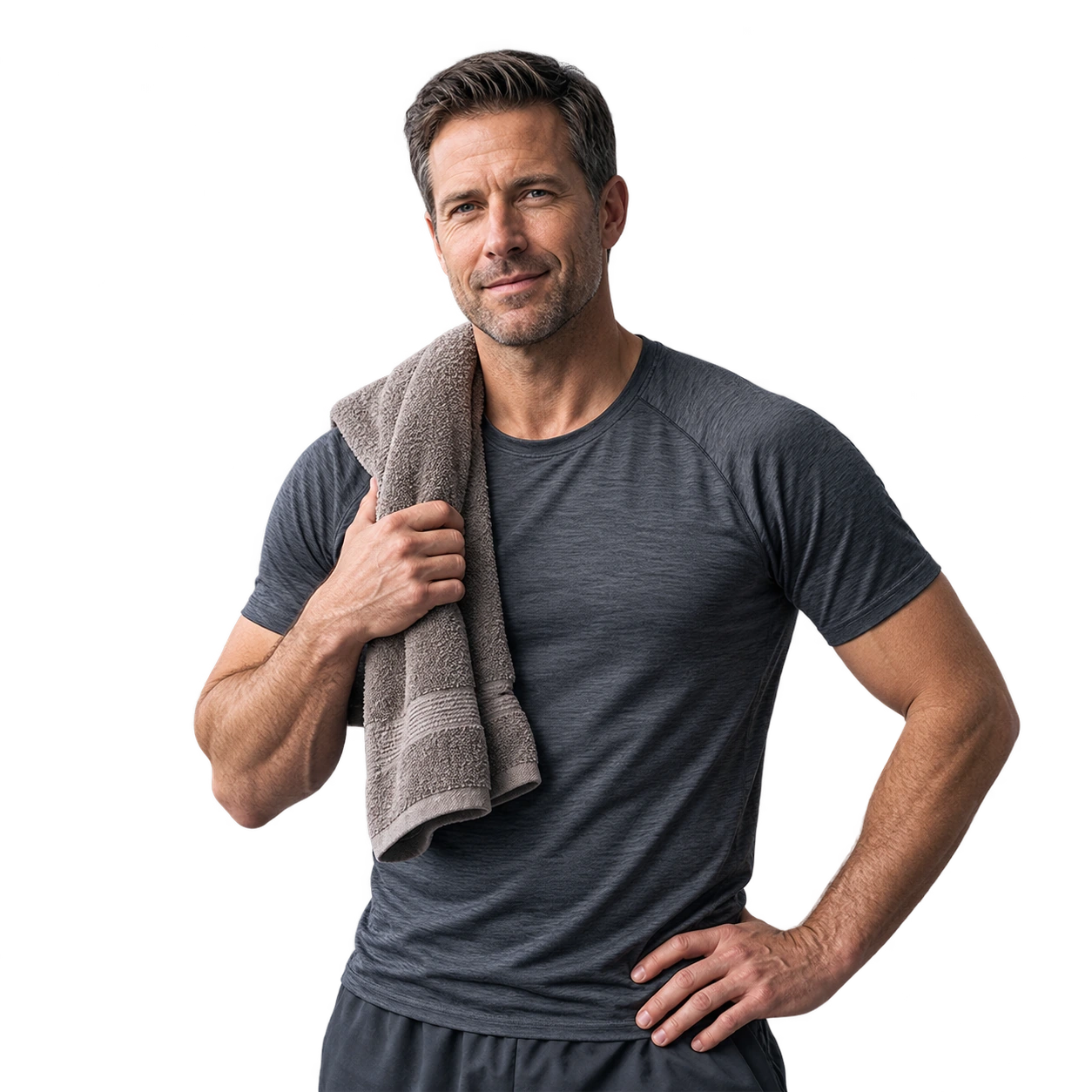 Active man in a charcoal workout shirt