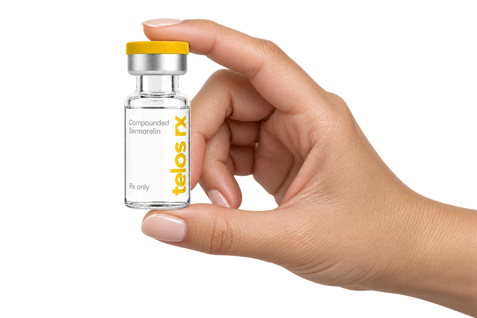 A hand holding a Telos RX yellow-capped Sermorelin vial