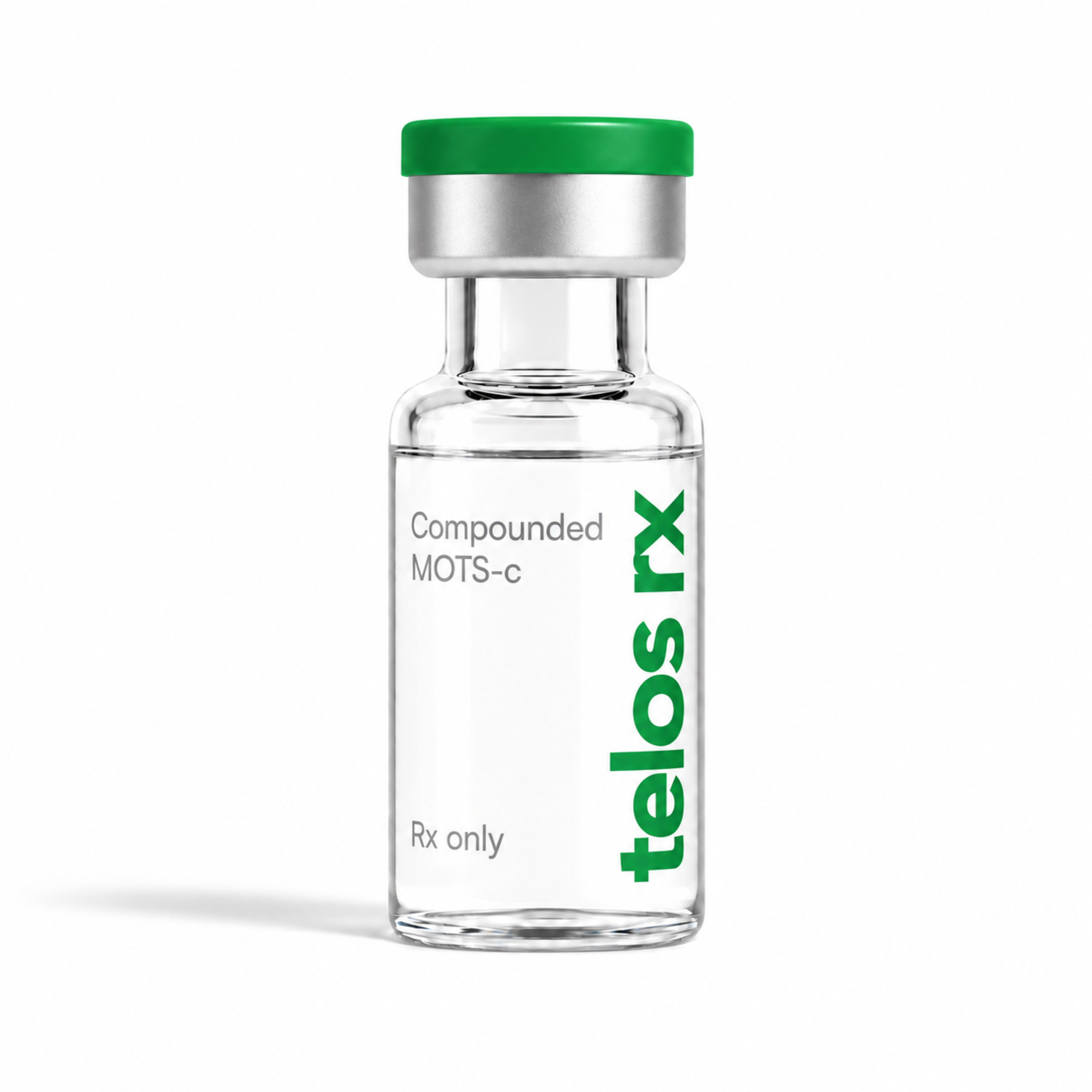 Telos RX compounded MOTS-C vial with green cap on white with a soft shadow
