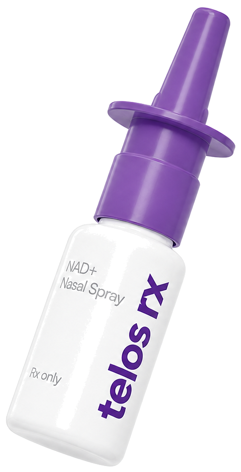 Angled view of the Telos Rx NAD+ nasal spray bottle