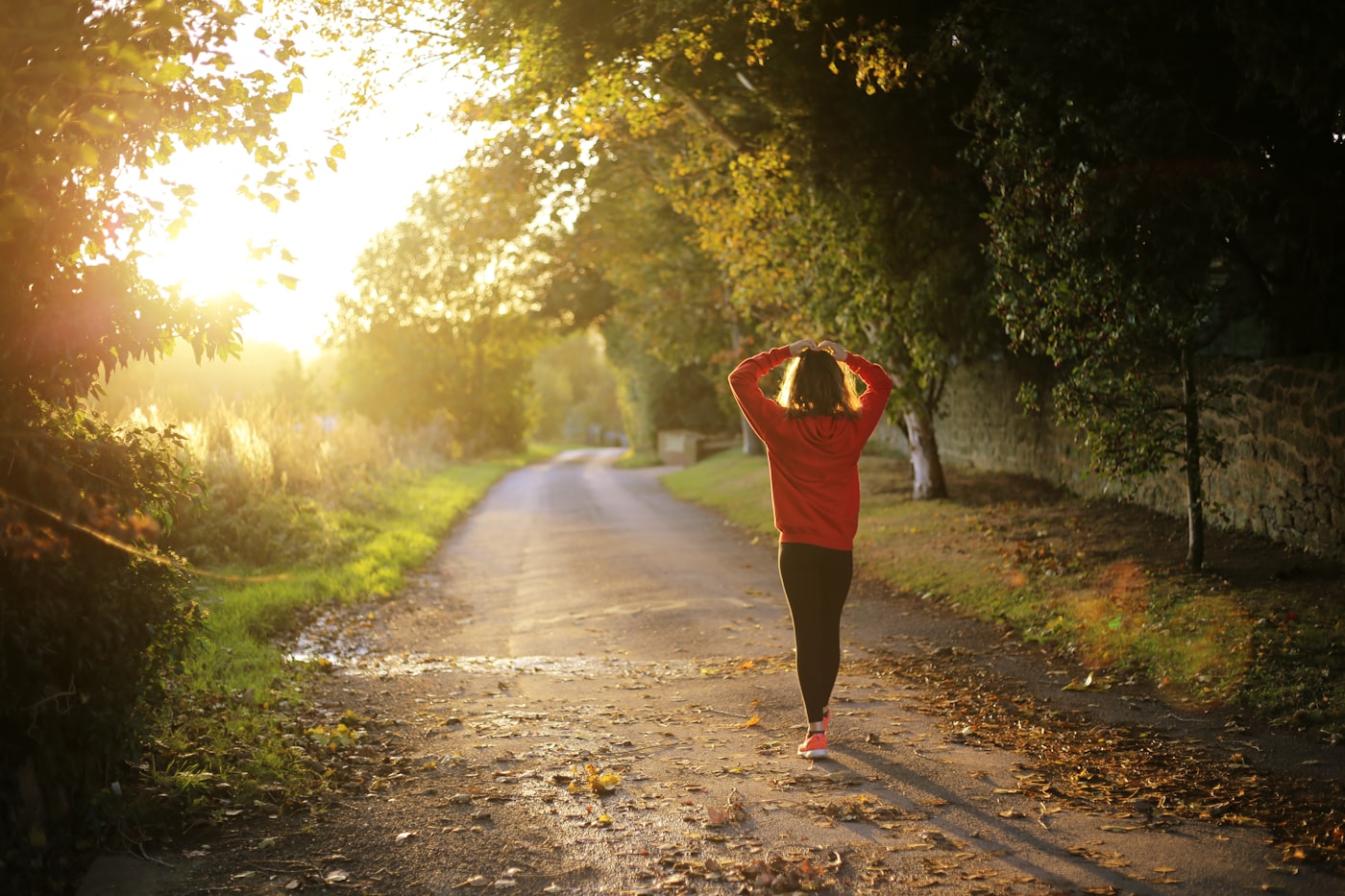 Person walking on a sunlit tree-lined path in athletic wear