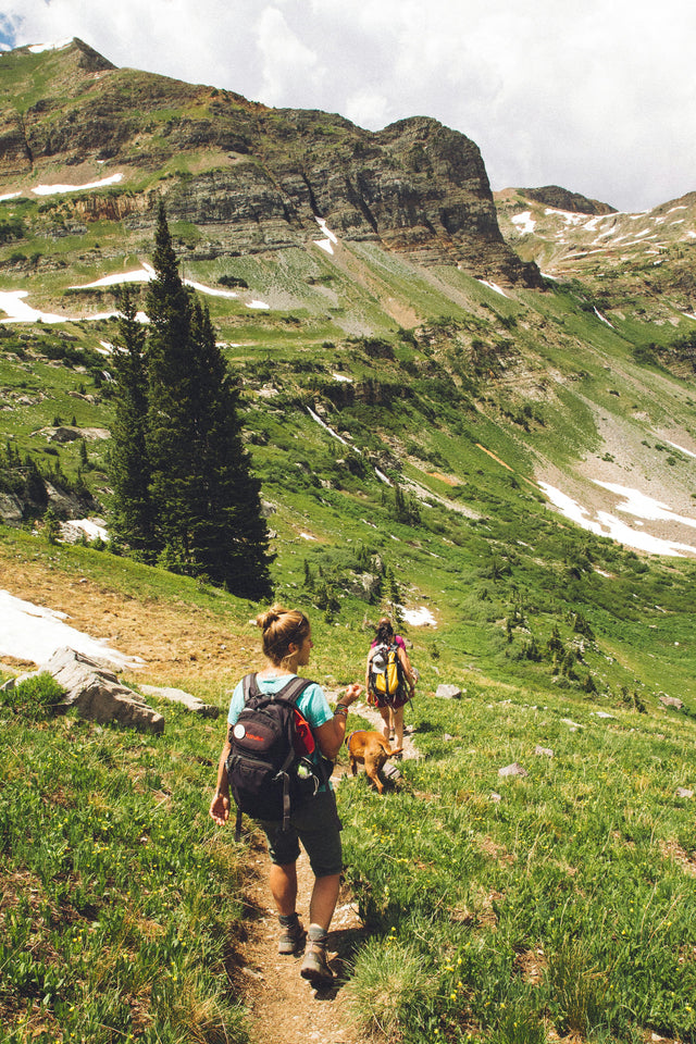 Two women hiking on a mountain trail