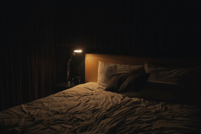 Peaceful dark bedroom with warm lamp illustrating quality sleep