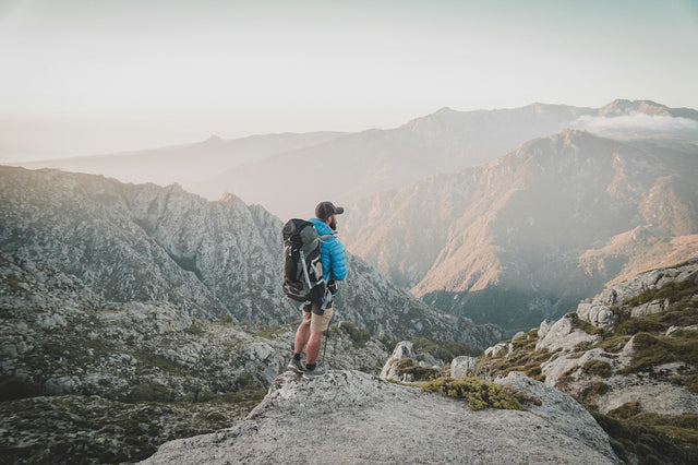 Hiker on mountain peak representing vitality and longevity