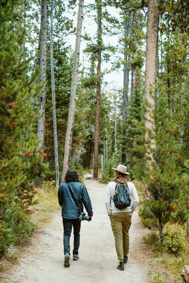Two people hiking on a forest trail, representing active outdoor lifestyle and longevity