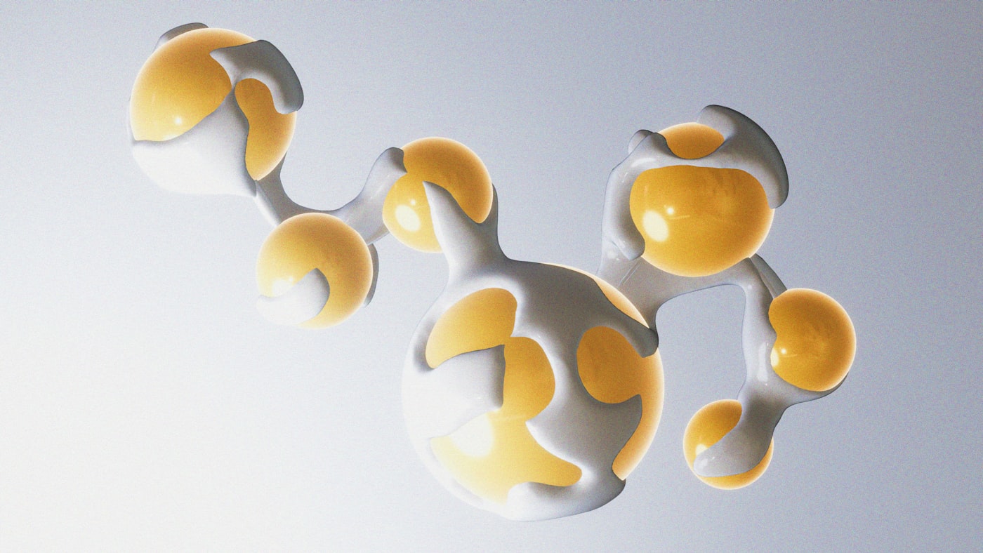 Abstract 3D molecular structure representing neuropeptide complex cerebrolysin with white and yellow organic spheres