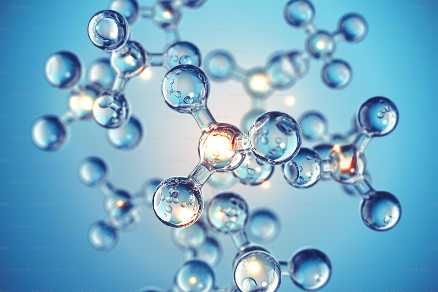 3D rendered molecular structure with glass-sphere atoms representing peptide chemistry