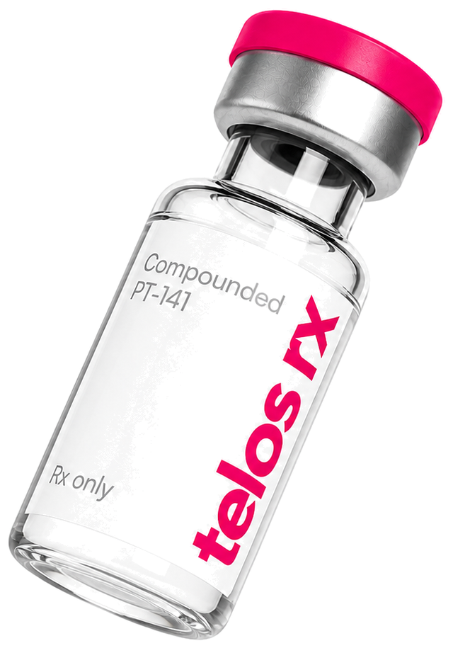 Angled view of a Telos Rx compounded PT-141 bremelanotide vial