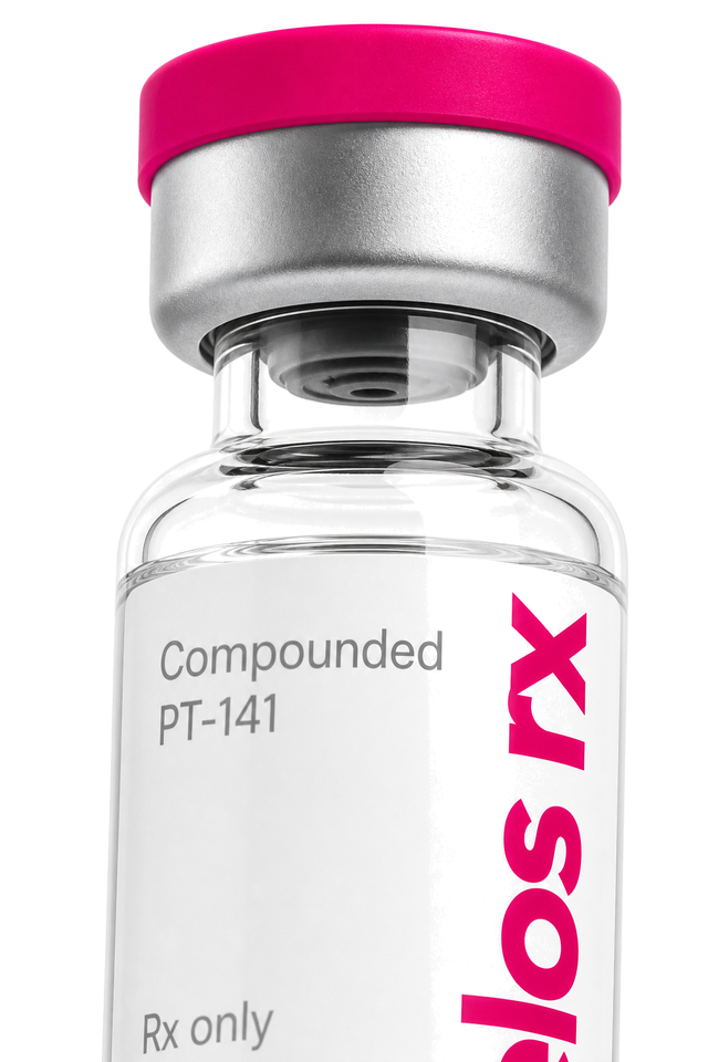 Close-up of a Telos Rx compounded PT-141 vial cap and label