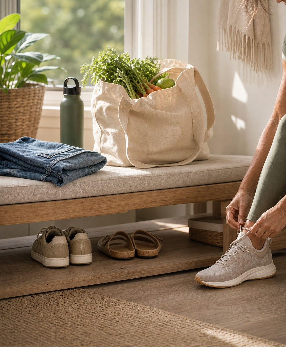 Person lacing trainers at home beside fresh groceries, healthy weight management routine