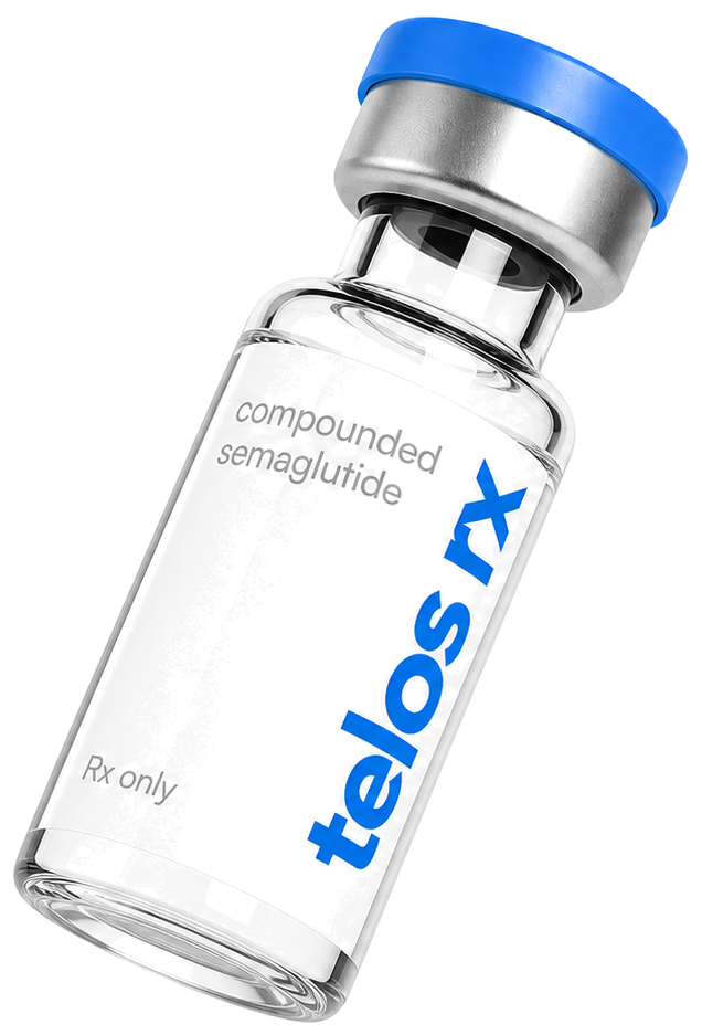 Angled view of a Telos Rx compounded semaglutide vial