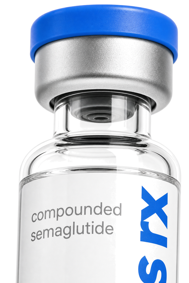 Close-up of a Telos Rx compounded semaglutide vial