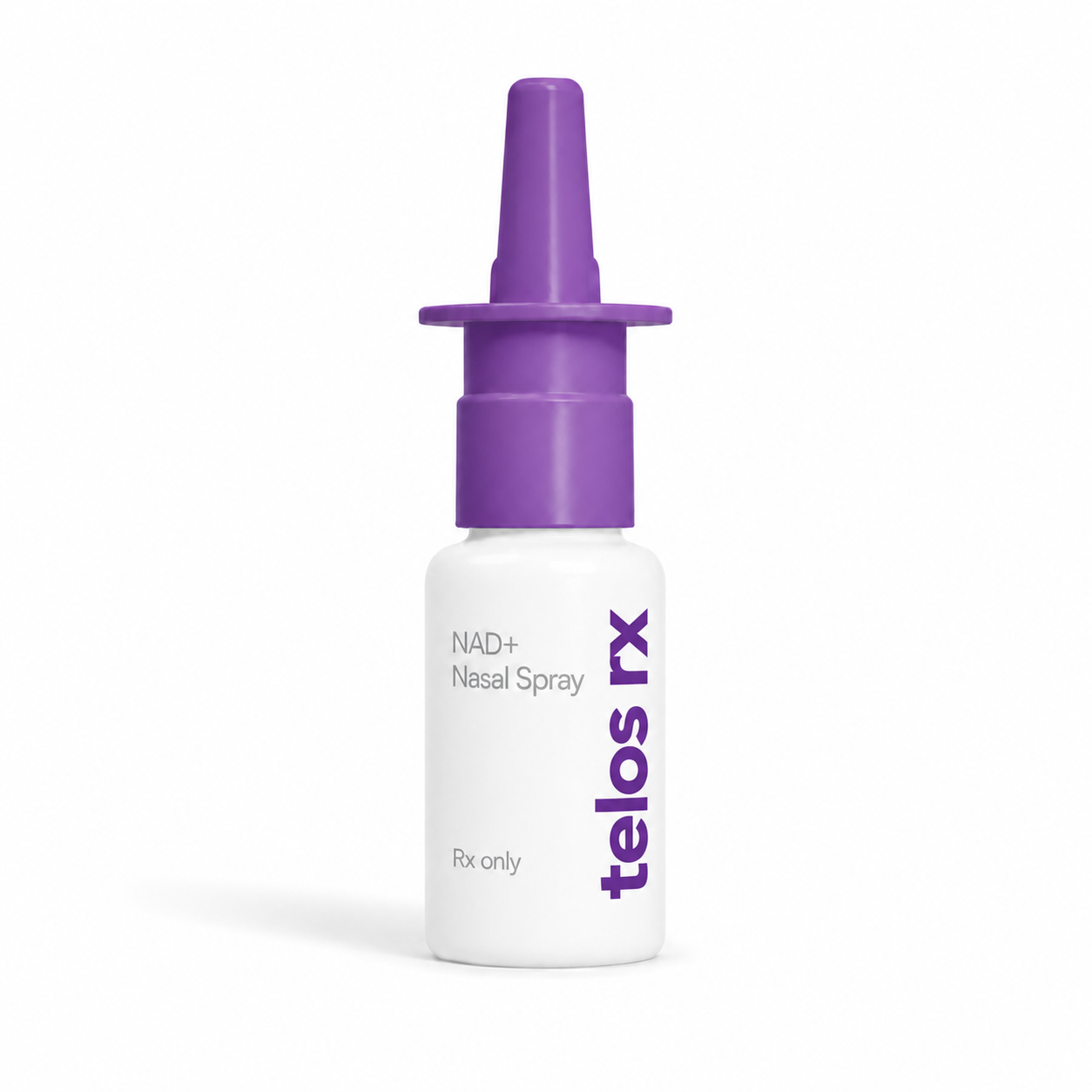 Telos Rx NAD+ nasal spray bottle with purple cap, prescription compounded NAD+