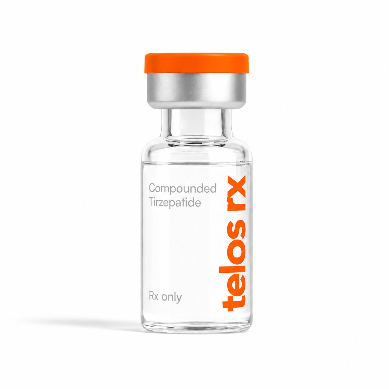 Telos Rx compounded tirzepatide vial with orange cap, prescription GLP-1 medication