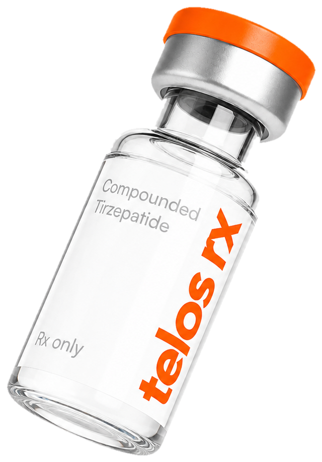 Angled view of a Telos Rx compounded tirzepatide vial