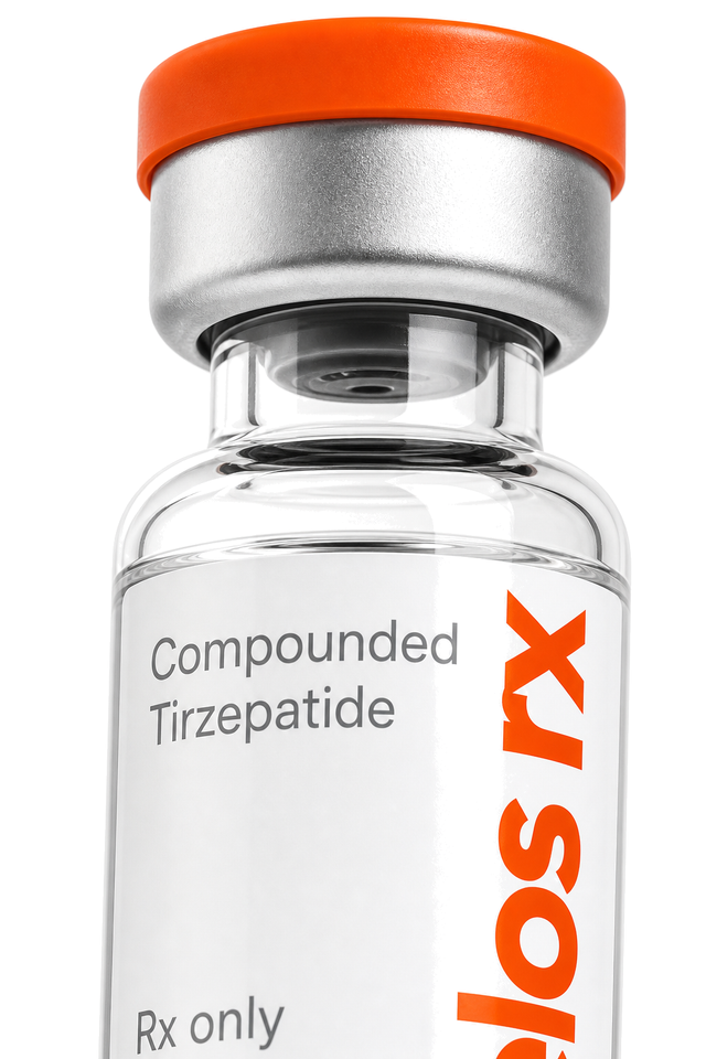 Close-up of a Telos Rx compounded tirzepatide vial cap and label