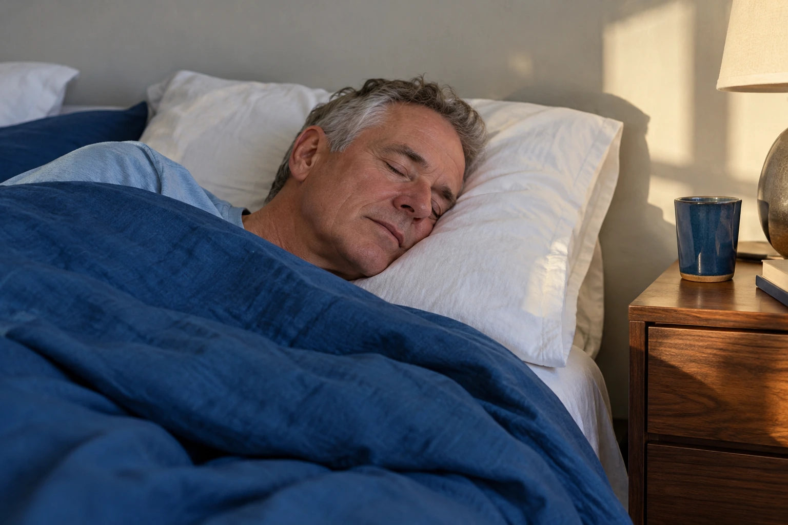 A man over 40 resting comfortably with blue bedding