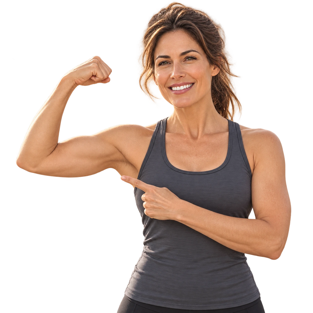 Active woman in a charcoal workout tank