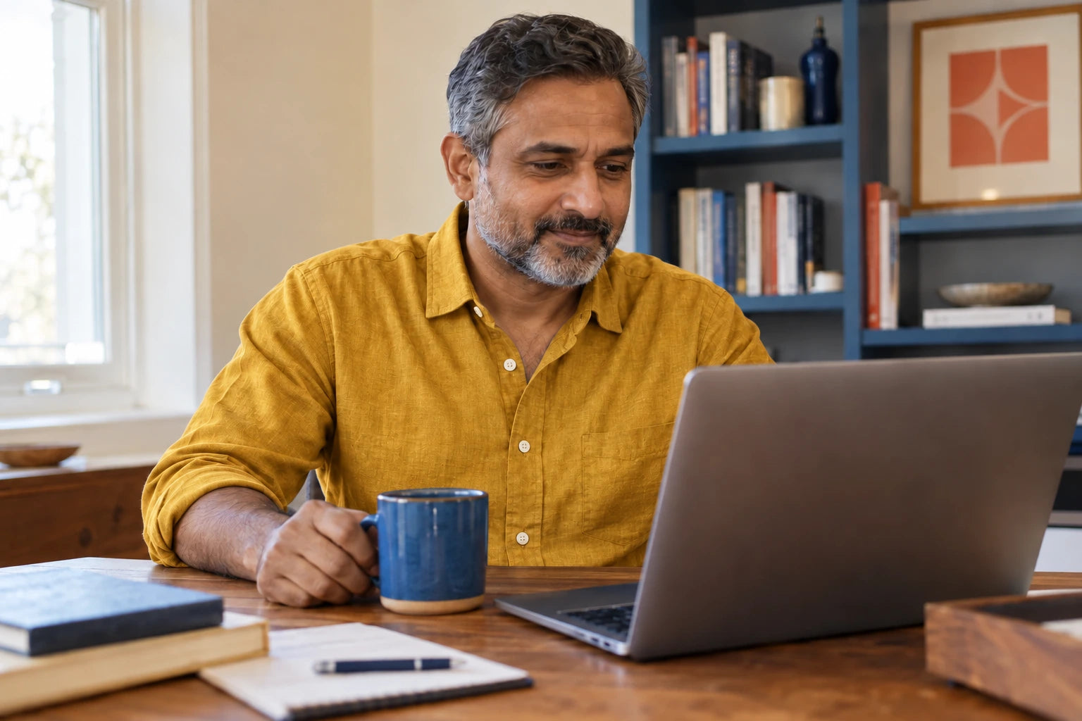 A man over 40 concentrating at a warm, blue-accented workspace