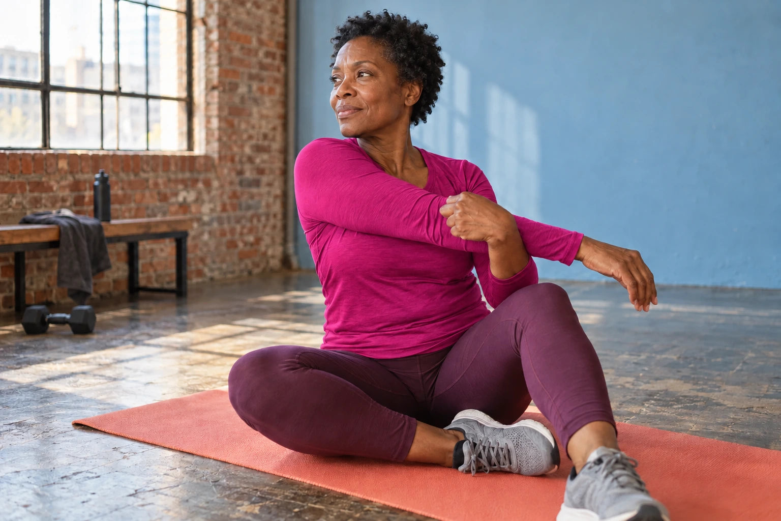 A woman over 40 stretching after exercise in a sunlit studio