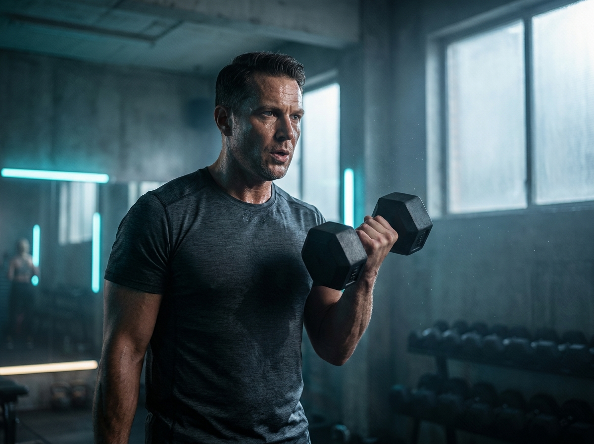 A man in his 40s training with focus in a gym