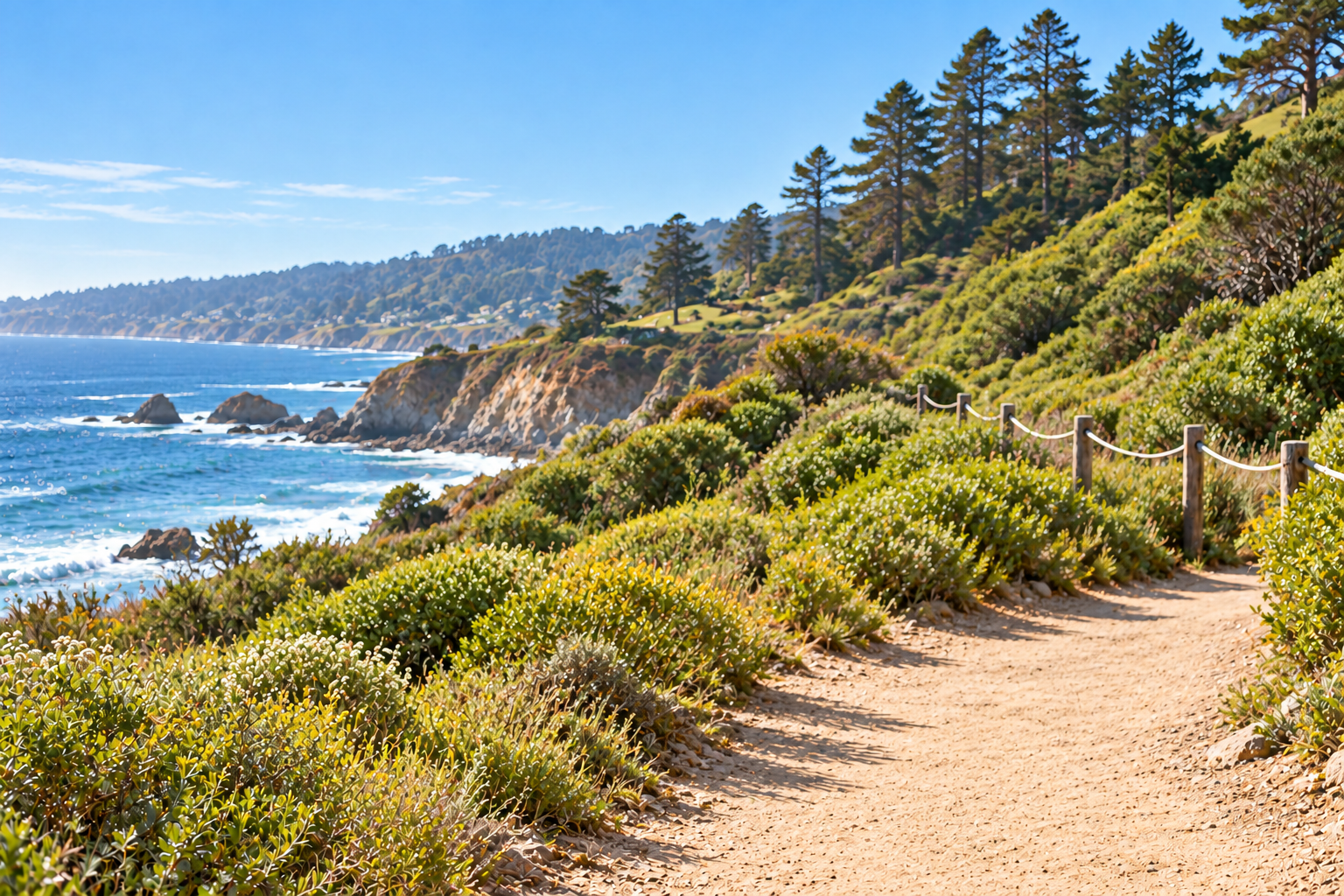 Sunlit coastal walking trail