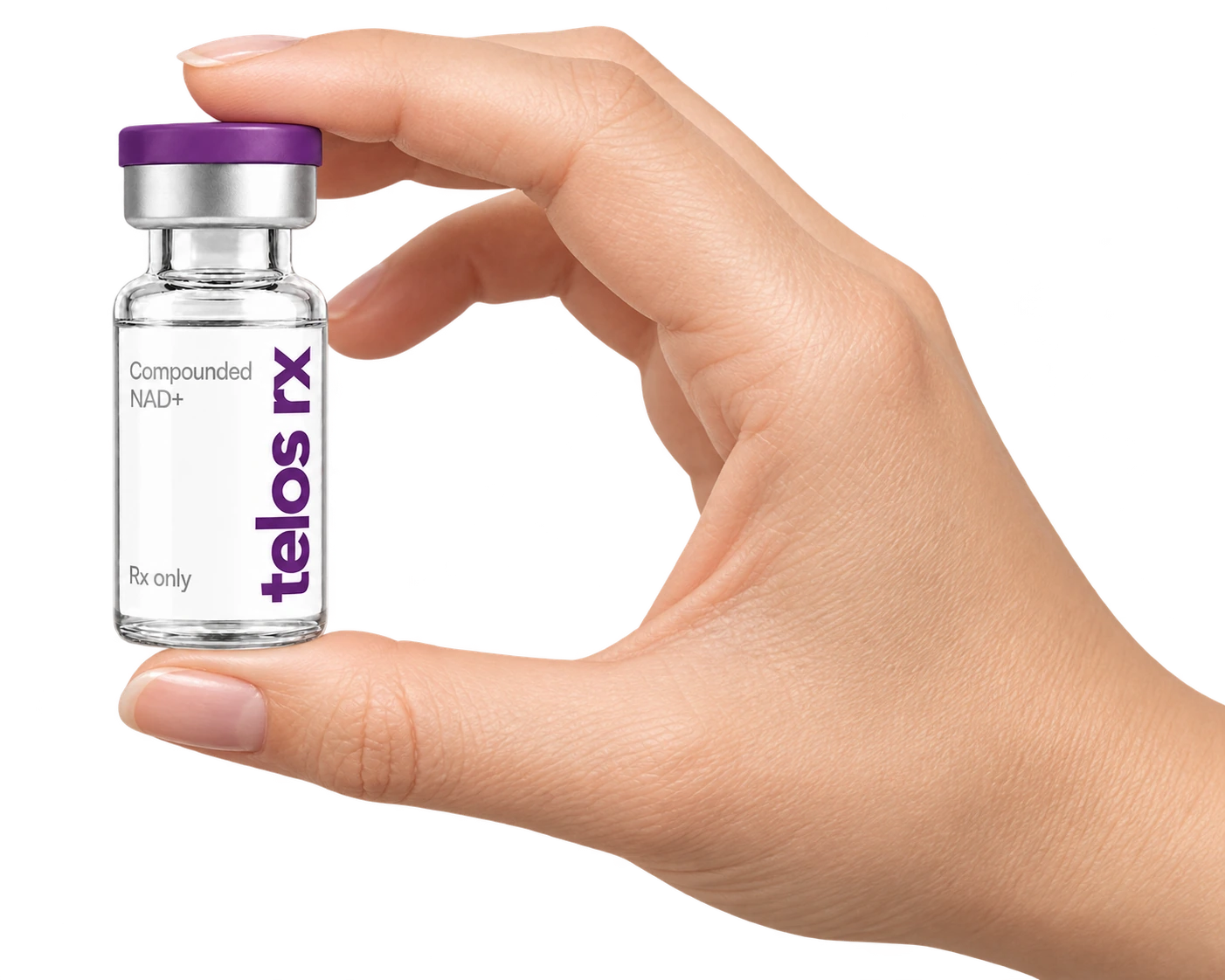 A hand holding the purple-capped telos rx compounded NAD+ vial