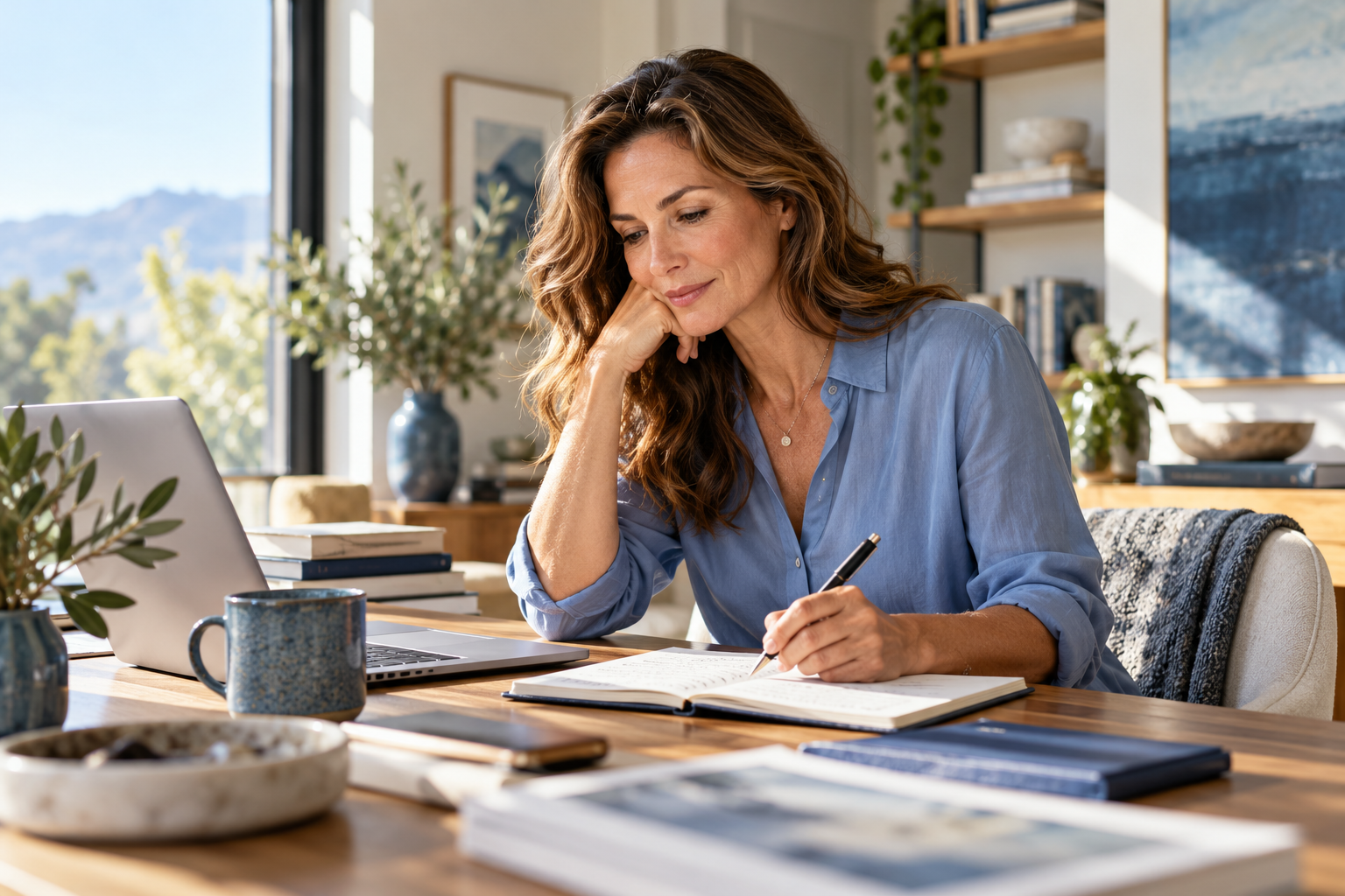Woman writing notes at a sunlit home workspace